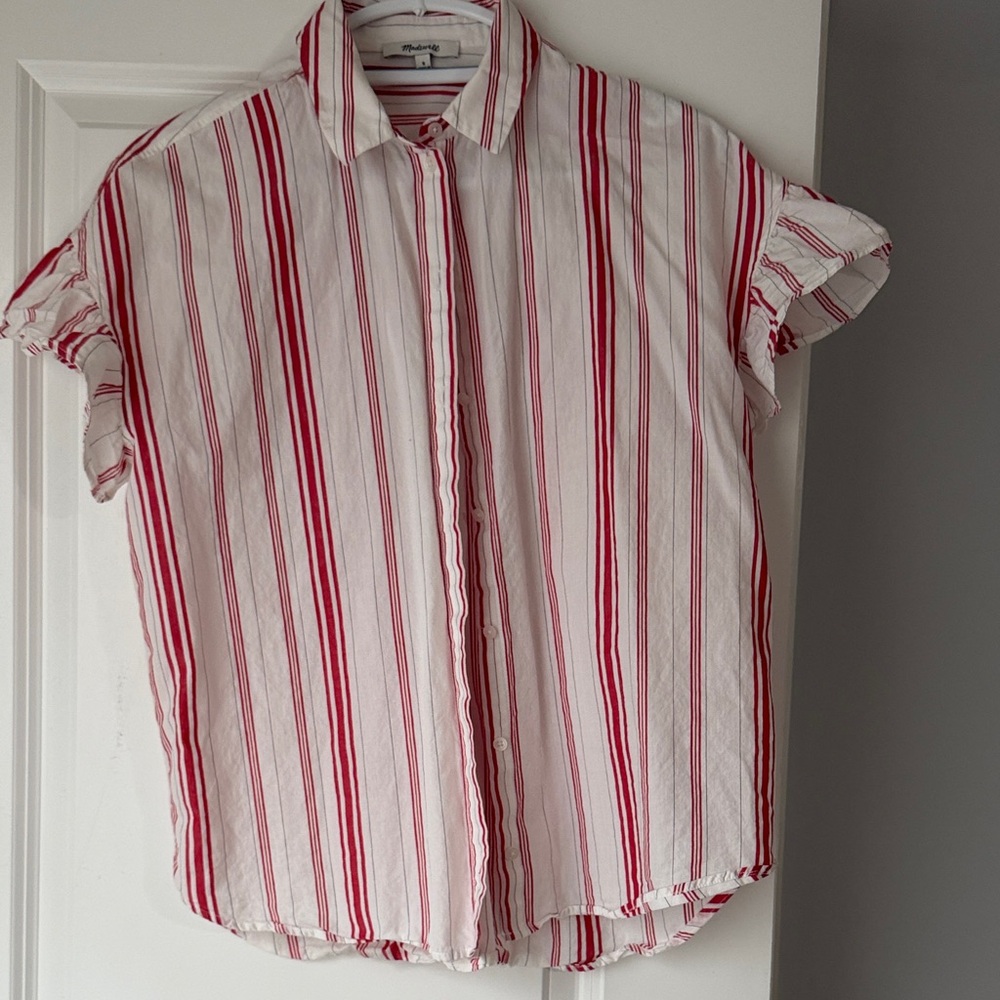 Madewell Red and White Striped Flutter Sleeve Shirt